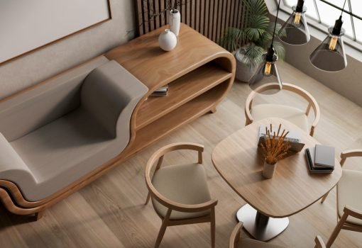 Top view of a living room with lamps above wooden table and chairs set aside multifunctional armchair. Working or Study, 3d Rendering, 3d illustration.